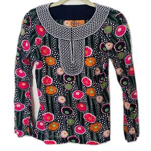 Tory Burch Embroidered Floral Cotton Lightweight Mod Tunic Top Blouse Sz 2